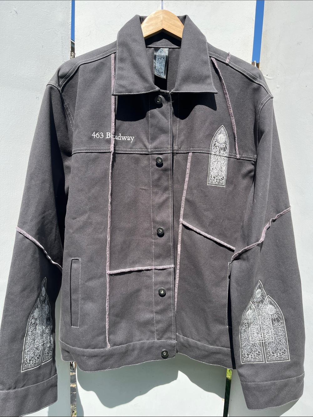 Men's Gray Trucker Jacket with Embroidered Panels
